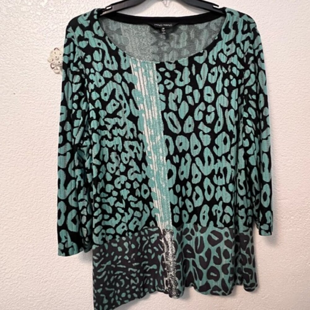 Ming Wang Pullover Tunic Sweater, Turquoise/Black pattern,  Size 2X